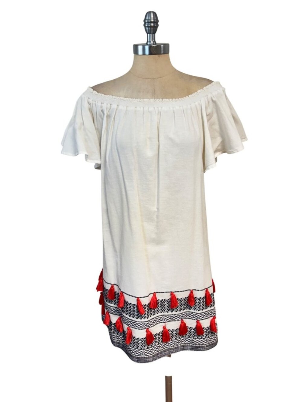 Piper by Townsen White Off Shoulder Tassel Trim Boho Dress Medium
